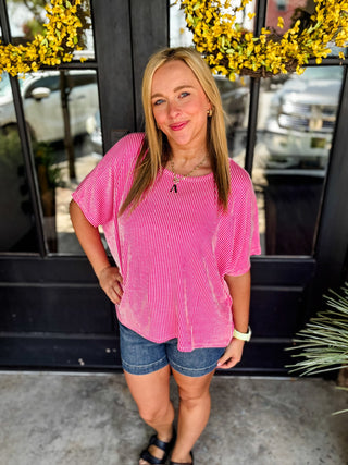 Hot Pink Ribbed Striped Oversized Short Sleeve Top