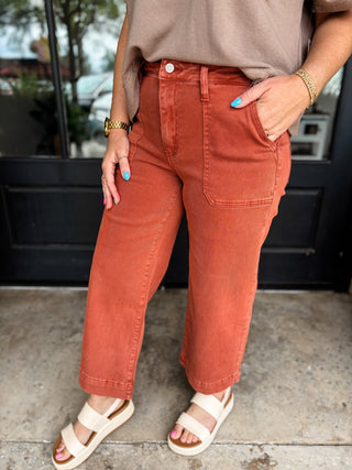 Rust Cropped Wide Leg Denim Pants | Zenana