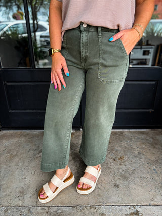 Dark Olive Cropped Wide Leg Denim Pants | Zenana