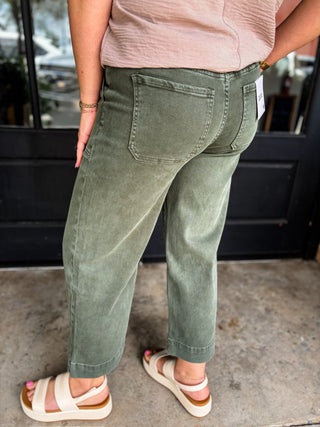 Dark Olive Cropped Wide Leg Denim Pants | Zenana