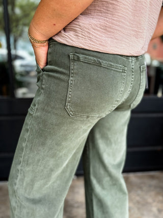 Dark Olive Cropped Wide Leg Denim Pants | Zenana