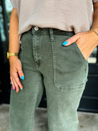 Dark Olive Cropped Wide Leg Denim Pants | Zenana