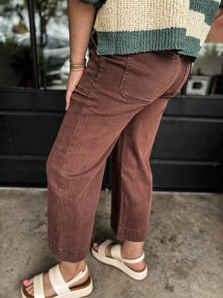 Rum Brown Cropped Wide Leg Denim Pants | Zenana