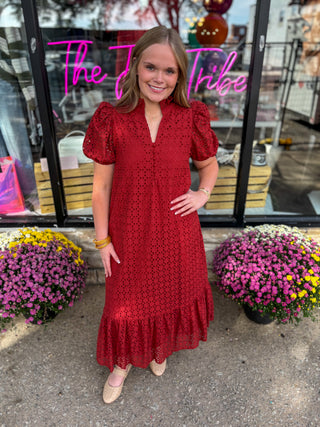 Rust Eyelet Ruffle Midi Dress