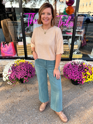 Teal Pinktuck Wide Leg Denim Pants | Zenana