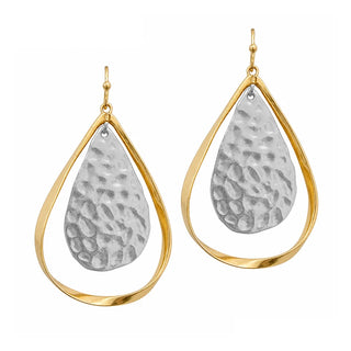 A pair of dangle earrings, each with an open gold-tone teardrop wire frame enclosing a hammered silver-tone teardrop disc, suspended from gold-tone French wire hooks.