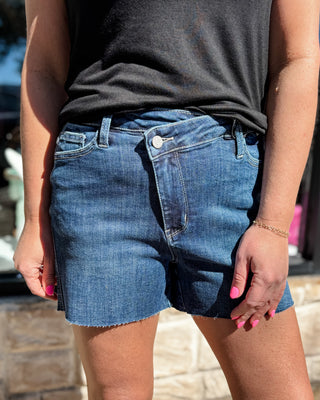 Criss Cross Dark Wash Shorts | Judy Blue