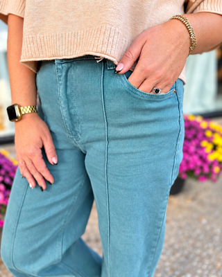 Teal Pinktuck Wide Leg Denim Pants | Zenana