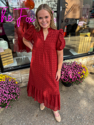 Rust Eyelet Ruffle Midi Dress