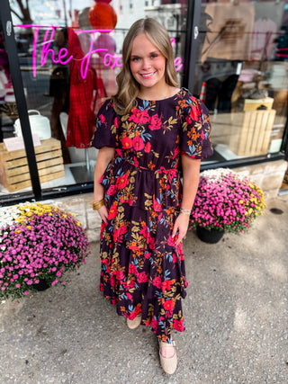 Plum Tiered Floral Midi Dress