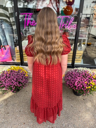 Rust Eyelet Ruffle Midi Dress