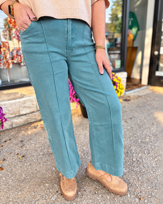 Teal Pinktuck Wide Leg Denim Pants | Zenana