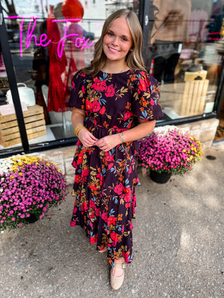 Plum Tiered Floral Midi Dress