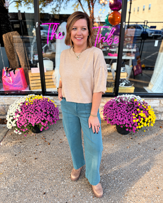 Teal Pinktuck Wide Leg Denim Pants | Zenana