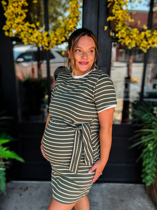 Olive Stripe Tie Waist Dress