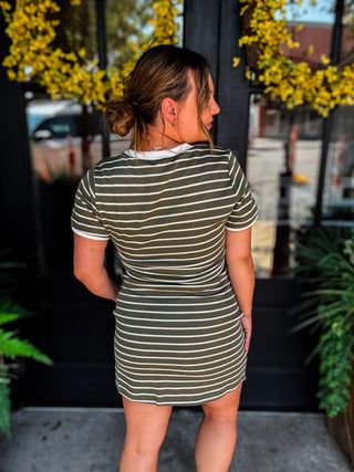 Olive Stripe Tie Waist Dress