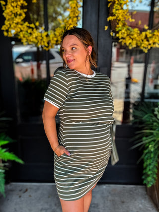 Olive Stripe Tie Waist Dress